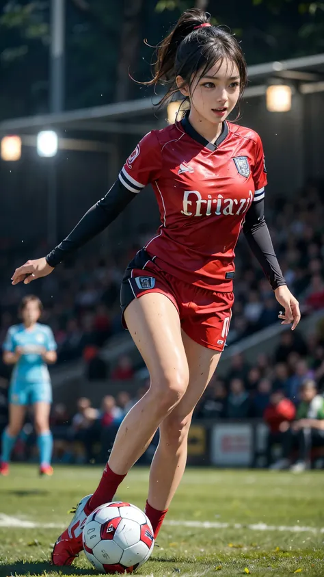 Highest quality, High resolution:1.2, Very detailed, Realistic:1.3, ((Beautiful woman))、((Super tight uniform))、((Big Breasts))、(The abdomen is visible)、(((Soccer uniforms)))、Vibrant colors, play soccer,(Blunt bangs)、((Various Hair Styles))、Different hair ...