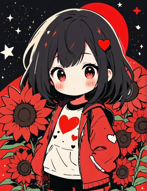 Black Star Red and White style, Simple Line Initialism,Abstract art,Kawaii Design, The most beautiful girl of all time、chibi, The background is star dust, colorful hearts, sunflowers,