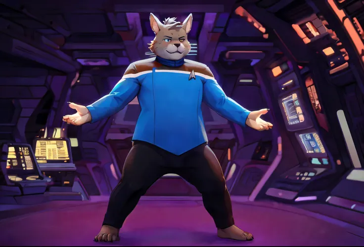 (((Barefoot furry character, full body, cinematic setting, furry male, plantigrade)))
((Totoro)), studio ghibili, furry, big, fat, whiskers, grey skin, claws,
exudes confidence and authority on starship bridge, ((wears star trek lower decks uniform))), ((...