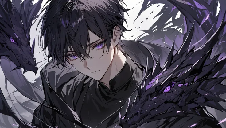 good looking, alone, 1 male, short hair, black hair, purple eyes, black shirt, black cape, black dragon