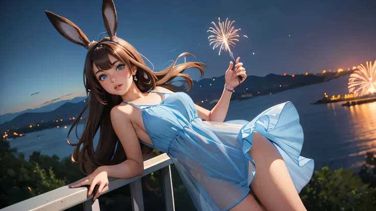 Woman, Brown HAir, Long Hair, Ponytail, (Brown Rabbit Ears), Blue Eyes, Very Large Breasts, ((Short Blue Translucent mini dress)), (((Translucid Dress))), High Heels, (at Scenic Overlook Watching Fireworks), at night
