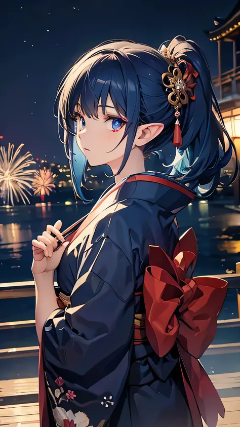 ((best quality)), ((masterpiece)), (detailed face and eyes), detailed hands and fingers, perfect face, accurate, textured skin, high details, blue hair, elf, multicolored eyes, pointy ears, kimono, wearing japanese traditional cloth, kanzashi, Night view, ...