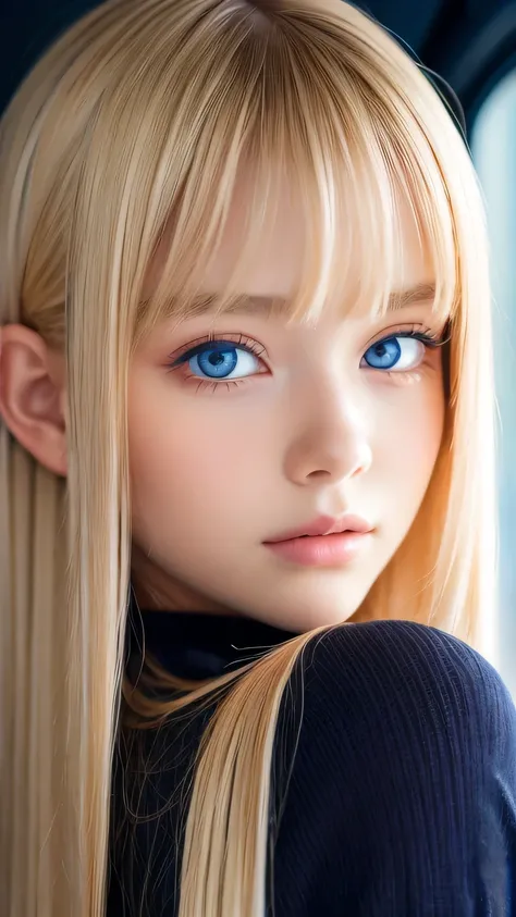 Highest quality、masterpiece、(Realistic:1.4)、One very beautiful blonde girl、Dazzlingly long, super long straight silky platinum blonde、Bangs between the eyes、bangs on the face、Big, very bright light blue eyes that shine so beautifully、Very big eyes、front、De...