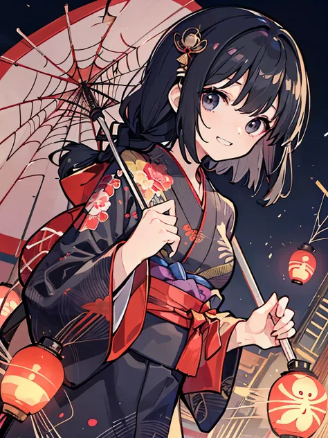 Spider web pattern kimono、Mysterious Woman、Black Hair、Braid your hair together、Black eyes、Horror、Spider Hanging Down、Spider-Woman、Black yukata、whole body、Low - Angle、An inappropriate smile、A strong-willed girl、night、Cool composition、whole body、Spider web o...