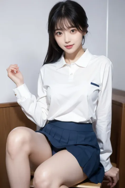 Japanese、high school student、Beauty、Facing forward、Kind eyes、Smiling Kindly、He is wearing a long navy blue short-sleeved polo shirt、She is wearing a grey tight long skirt、Sitting in a chair、Hands outstretched、((Her white underwear is visible between her sk...