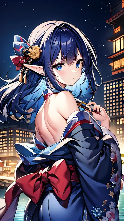 ((best quality)), ((masterpiece)), (detailed face and eyes), detailed hands and fingers, perfect face, accurate, textured skin, high details, blue hair, elf, multicolored eyes, pointy ears, kimono, wearing japanese traditional cloth, kanzashi, Night view, ...