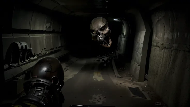 highly realistic, a xenomorphs skull can be seen inside a tunnel, shaft a boot can be seen pov shot, scp-049, photo of scp-173, sci - fi horror , ominous creature hiding detailed, sci fi horror movie screenshot