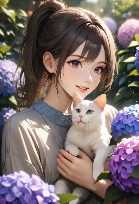 hydrangea park, cute casual clothes,holding a cat,blur the background,high school girl,ponytail,smile,glitter effect,highest qua...