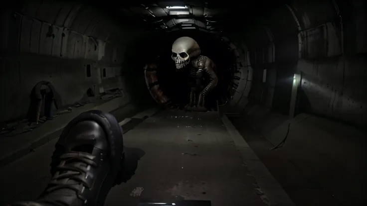 highly realistic, a xenomorphs skull can be seen inside a tunnel, shaft a boot can be seen pov shot, scp-049, photo of scp-173, sci - fi horror , ominous creature hiding detailed, sci fi horror movie screenshot