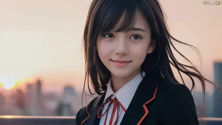 (Close up face shot of one slender small breasts two side up black medium hair bangs girl with crying little smile face in long sleeves black school uniform:1.5)、(One girl is facedown at sunset red sky with her face is reflected sunset light and her hair i...