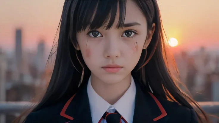 (Close up face shot of one slender small breasts two side up black medium hair bangs girl with crying face in long sleeves black school uniform:1.5)、(One girl is turn around at sunset red sky with her face is reflected sunset light and her hair is blowing ...