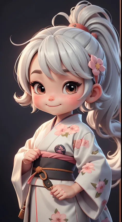 Create a  baby chibi version of the Alice character in an 8K resolution. A girl with a ponytail is wearing a kimono with a crane pattern, practicing kendo in a dojo, and wearing a headband as a hair accessory, Its sunny, Detailed eyes, clear outlines, kawa...