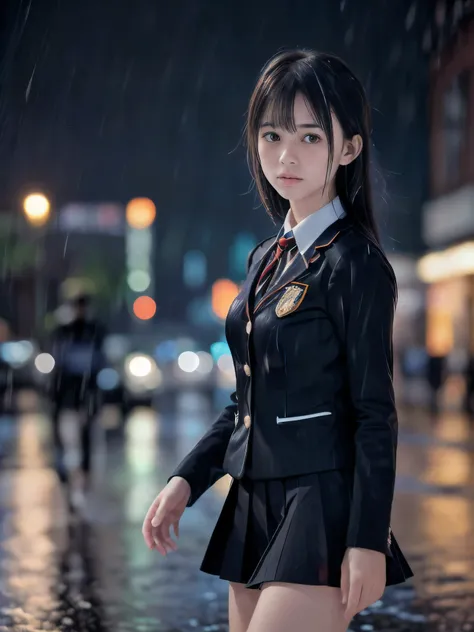 (Super close up face shot of one slender small breasts two side up black medium hair bangs girl in long sleeves black school uniform:1.5)、(One girl is walking with crying face on the main street in the rain at midnight:1.5)、(At skyscraper city landscape in...