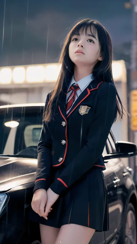 (Close up face shot of one slender small breasts two side up black medium hair bangs girl in long sleeves black school uniform:1.5)、(One girl is looking up the sky with crying face in the heavy rain midnight:1.5)、(Many car head lights are visible at skyscr...