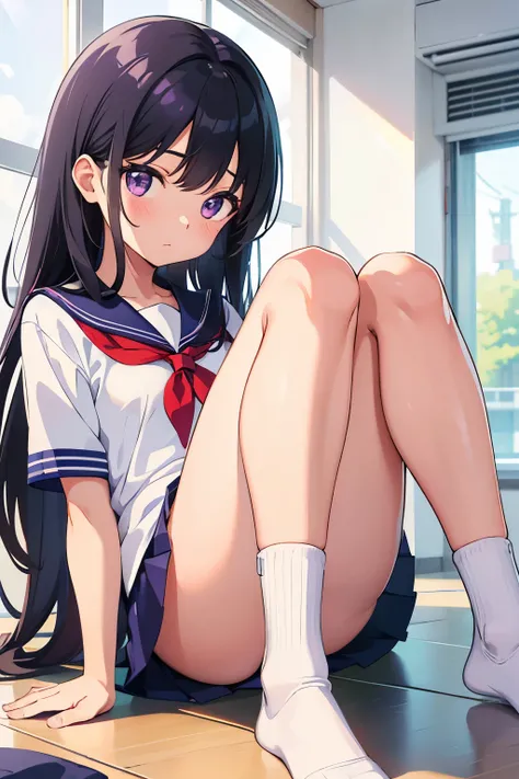 Elementary school girl, 8 years old, toddler　Flat chest, black hair, long hair, purple eyes 　（One person） White upper body short-sleeved sailor uniform　Navy blue mini skirt　White panties　（（White pantiesが見える））　White socks　sneakers　School gym　During flexibil...