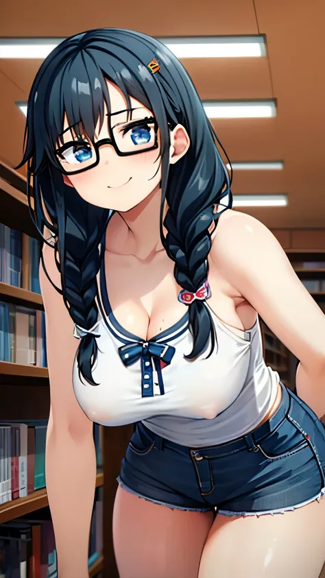 1girl,alone,sumireko sanshokuin,masterpiece,best quality,anime screenshot,black hair,red barrette,blue eyes,black glasses,medium hair,school,library,standing,good lighting,white shirt,tank shirt , cleavage, black shorts, short shorts, black shoes, embarras...