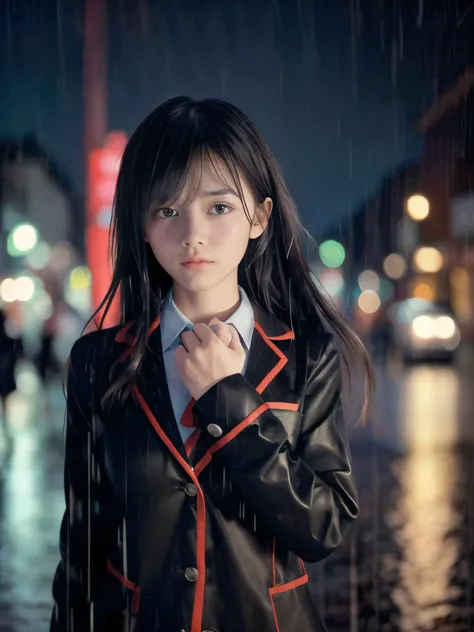 (Super close up face shot of one slender small breasts two side up black medium hair bangs girl in long sleeves black school uniform:1.5)、(One girl is walking with crying face on the main street in the rain at midnight:1.5)、(At skyscraper city landscape in...