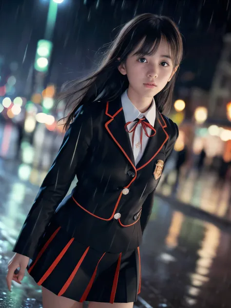 (Super close up face shot of one slender small breasts two side up black medium hair bangs girl in long sleeves black school uniform:1.5)、(One girl is walking with crying face on the main street in the rain at midnight:1.5)、(At skyscraper city landscape in...