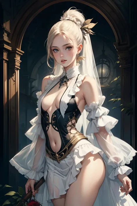  ((best quality)), ((masterpiece)), (detailed), 1girl, NSFW, small breasts, prominent collarbones, skinny arms, flat stomach, visible hip bones, long hair, various hair colours, ponytail, thick ponytail, heavy ponytail, red and white clothing, Bloodborne i...