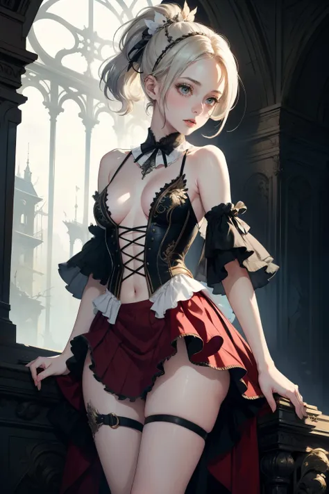  ((best quality)), ((masterpiece)), (detailed), 1girl, NSFW, small breasts, prominent collarbones, skinny arms, flat stomach, visible hip bones, long hair, various hair colours, ponytail, thick ponytail, heavy ponytail, red and white clothing, Bloodborne i...