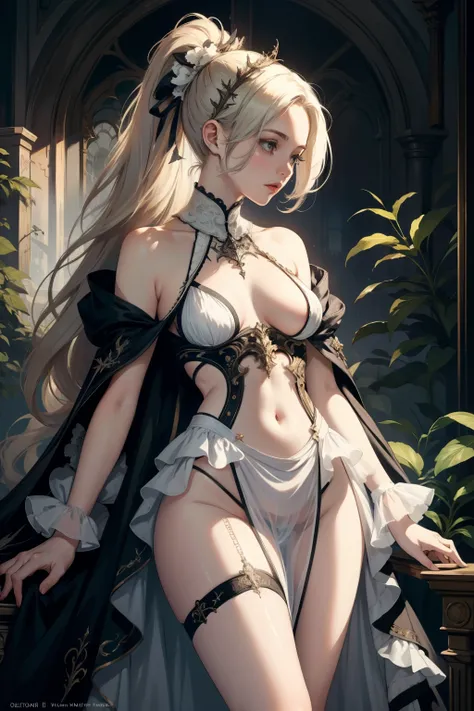  ((best quality)), ((masterpiece)), (detailed), 1girl, NSFW, small breasts, prominent collarbones, skinny arms, flat stomach, visible hip bones, long hair, various hair colours, ponytail, thick ponytail, heavy ponytail, red and white clothing, Bloodborne i...