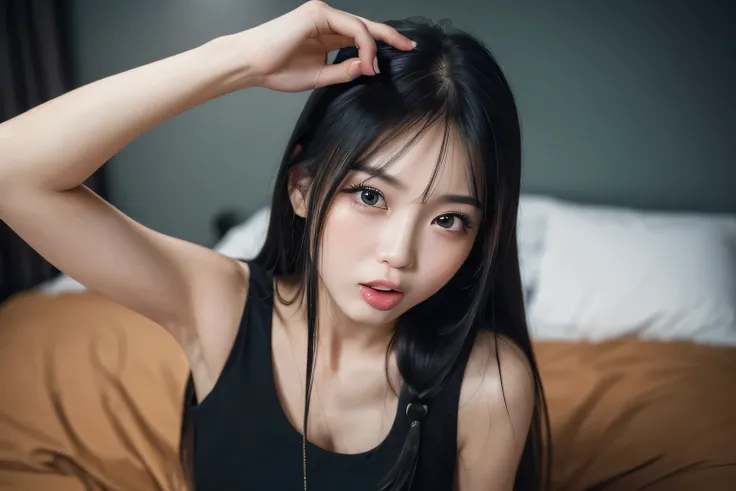 ((Highest quality, 8K, masterpiece: 1.3)), beauty, hidden face, 1 Girl, beauty: 1.3, Black tank top, Long black hair, (Sitting on the bed), (Sticking out tongue), Highly detailed face, Highly detailed lips, Fine grain, double eyelid,night