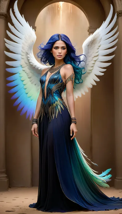 in this exquisite and enigmatic digital painting, a majestic angel stands with poise and confidence, her vibrant wings spread wi...