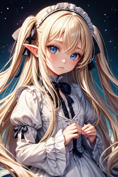 Long blond hair, blue eyes, pointed ears, lolita, little girl