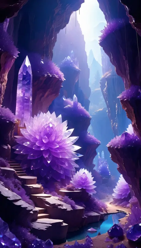 Miners working in amethyst geodess，Huge amethyst geodes, amazing amethyst geodes, geodes, ドゥルーズgeodes, amethyst, Amazing mineral art，Amazing detail,  8K,Fantastic cave walls made of mineral crystals，Covered in precious crystals, Crystal clusters， Fractal A...