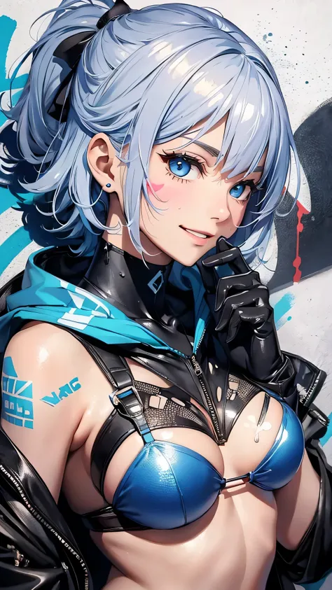 最high quality、Best image quality、masterpiece、With a girl((cute、20-year-old、Best Bust、Medium Bust、Bust 85,Beautiful Blue Eyes、Spread your chest wide,Short silver hair、Slender、The best valley、、Blue Bikini、,Show the whole body、Black perforated gloves,Blue Mes...