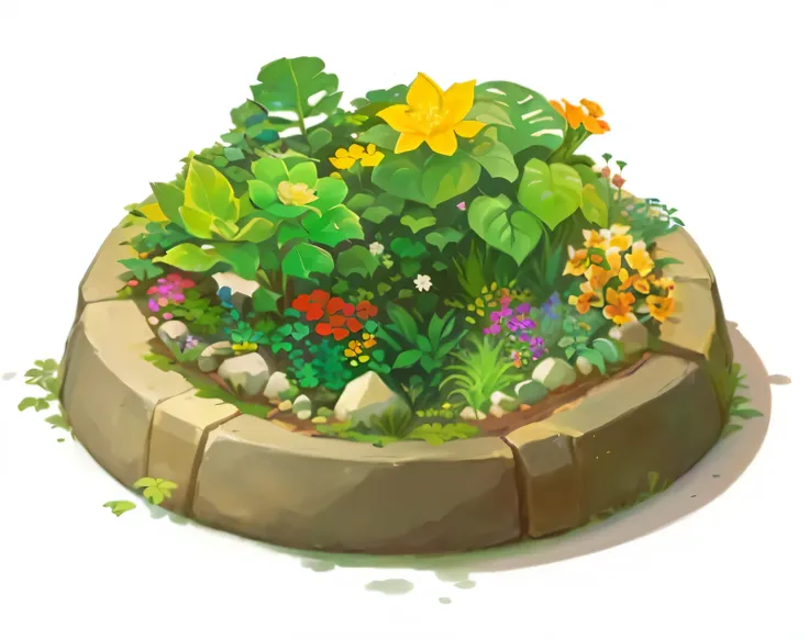 Cartoon image of a garden with flowers and plants, Magic glass container pictures, Its bowl is full of plants, Dofus, Flower environment, filled with plants and habitats, Many plants and flowers, lush garden spaceship, Covered with shiny spots, some plants...