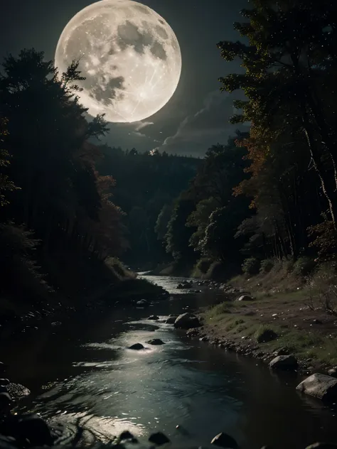 a river running through a forest under a full moon, photo hyper realistic, scoiatael), dark photograph, author unknown, peacefully drinking river water, datapipeline or river, to the moon, by Jim Nelson, nightlife, [[fantasy]], zoomed out photography, forg...