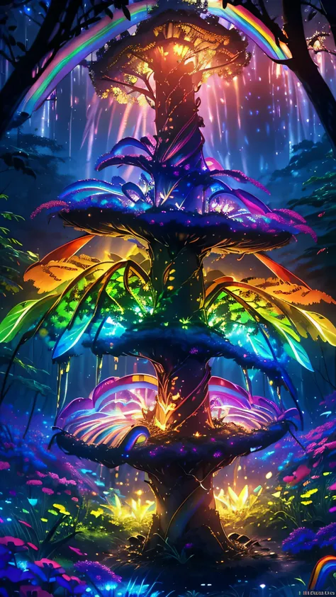 Enchanting Mystical Forest, Neon colored butterflies, Pure blue water river fountain, Golden Mini Fairy, A glowing mushroom that releases pollen, extremely beautiful landscape, (Ultra-realistic), {Highly detailed 8k CG unit wallpaper}, expansive landscape ...