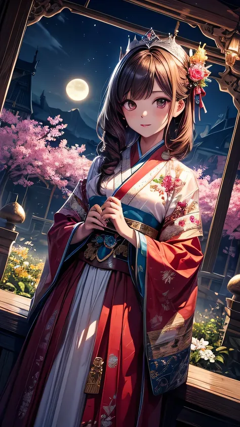 Highest quality, expensive_solve, clear_image, Detailed Background ,girl, hanbok,flower,garden,moon, night,Dutch Angle, Wide Shot, Crown,