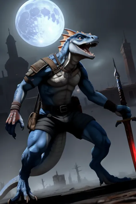 uploaded on e621, explicit content, by hellcross, male , WHSkink , solo ,scalie ,blue body, blue scales, bi-color eyes, blue and red-eyes, desolation, post-apocalypse, late night, blue moon, blue fog, crumbling medieval city on background, vermintide, good...