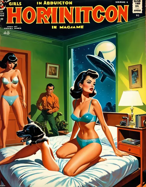  ((alien abduction in dormitory, girls in underwear, strange devices,claws)) Mort Kunstler, Norman Saunders, Basil Gorgos, Frank Frazetta, Wally Wood, Bernie Wrightson, Mexican Fumetti style, 50s 60s aesthetic, Mens action magazine aesthetic, very vintage ...