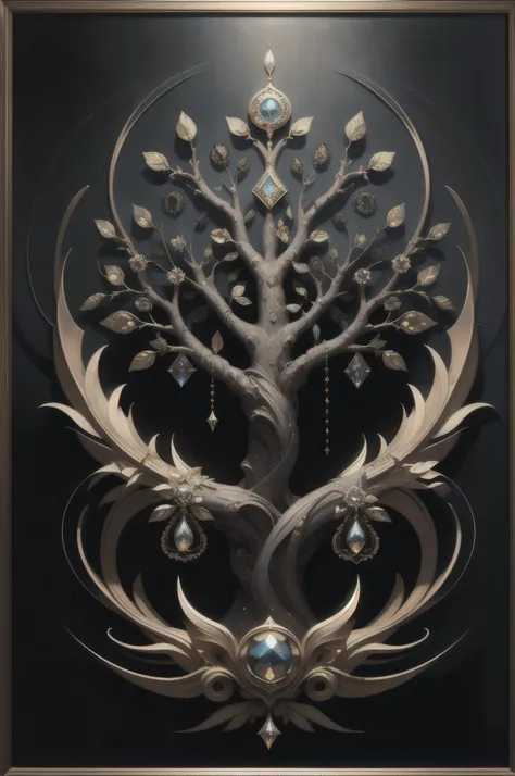 Nordic tree-shaped solitaire，Flat style， abstract artistic，Graphic design，symmetry, Math, Renaissance, Oil painting, 2D canvas, highly detailed, complex, Classic paint, Black monochrome, crystals, opulent, lap, gothic ornament, Graphic design
