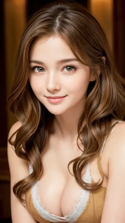 Realistic:1.2,(masterpiece,Highest quality)，,((一人のwoman:1.2)),20-year-old,Tight waist,Big Hips,Perfect Anatomy, Brown Hair, Wavy Hair,Random Hairstyles,Big beautiful breasts,((Highly detailed face and eyes))(Cute face:1.4)，Beautiful actress face，Perfect go...