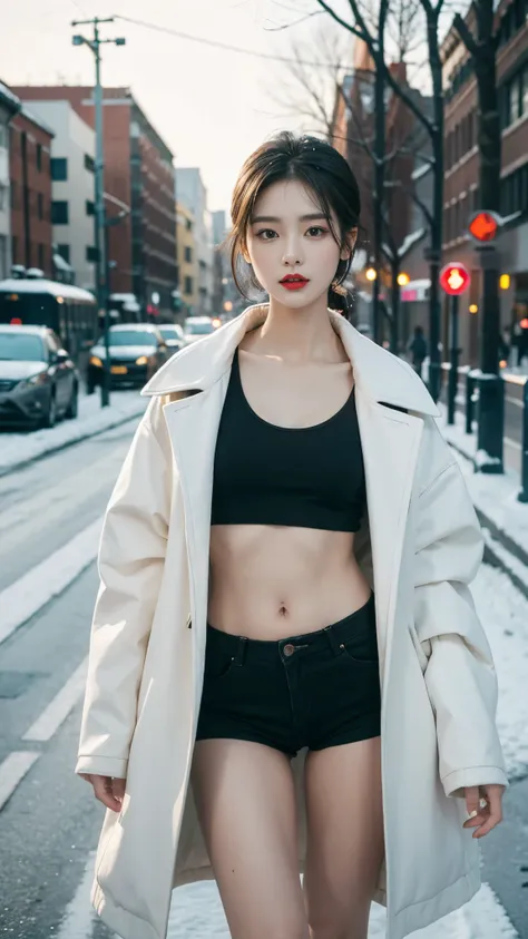 best quality, 4K, 8K, Delicate face, Clear face, pretty girl, Korean Makeup, Red lips, lol, Perfect body,Shoulder-length black short straight hair,Small Breasts,thigh,Slim,Thin, The girl wore a long and wide coat, Under the jacket is a top tube and tight s...