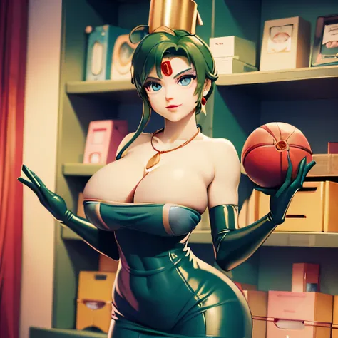 (masterpiece,best quality,ultra-delicate,Perfect Face,16k,high resolution,very beautiful woman), Atsugessho:1.3,deep green hair,blue latex bodycon dress, long latex gloves, green tights, (huge breasts,sexy pose), gold headpiece, pale blue skin, red gem on ...