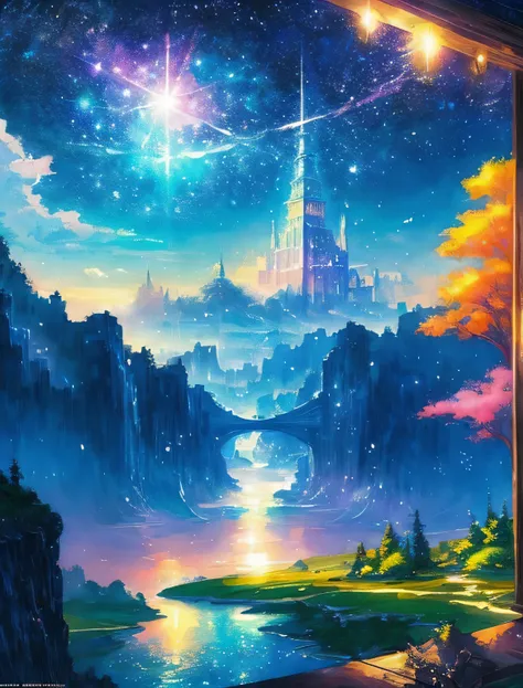 Colorful Metropolitan Museum of Art、Painting of a river with stars and moon in a rainbow sky、Met、輝くskyscraper、Shine overall、skyscraper、Concept art inspired by Tosa Mitsuoki、pixiv contest winners、Highest quality、Fantasy art、Beautiful anime scene、Bright Moon...