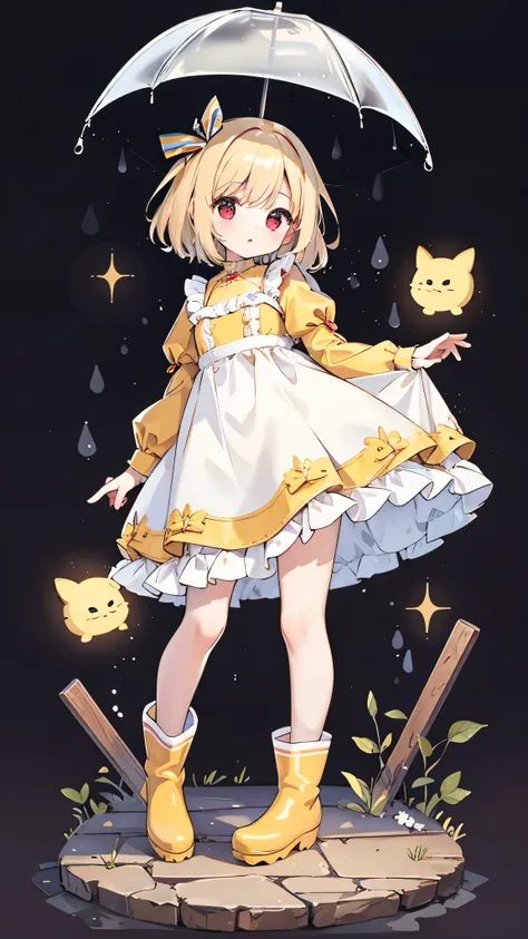 short hair，red eyes，white dress，rain boots，