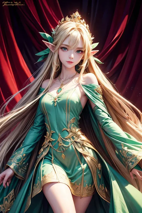 masterpiece,Highest quality,Very detailed,Elf Beautiful Girl,Long blonde hair,Very beautiful and detailed eyes,Thin legs,Long skirt, underweight,Small breasts,Beautiful peppermint green dress,Large ruby necklace,gem,Luxurious cape,A luxurious palace