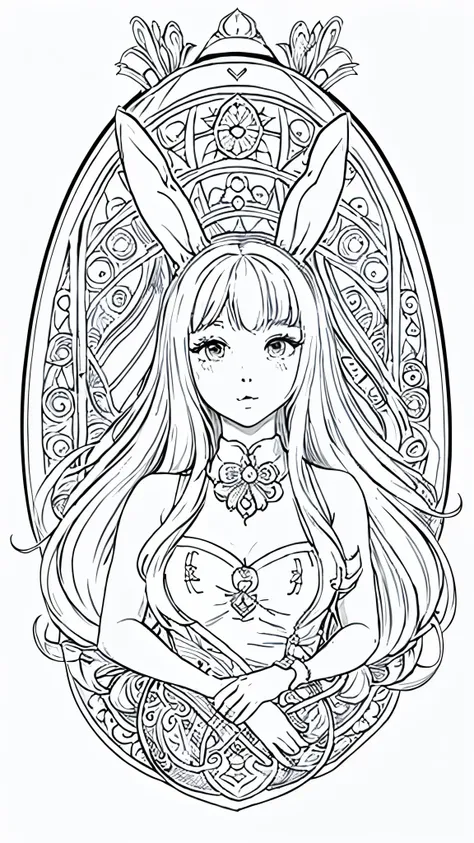 (Bunny girl:1.5), 8k, black and white drawing of circular design, intricate thin lines, centering radial design, coloring pages, simplified zentangle, coloring book outline, black and white only, no outline, intricate designs, coloring book, celtic design,...