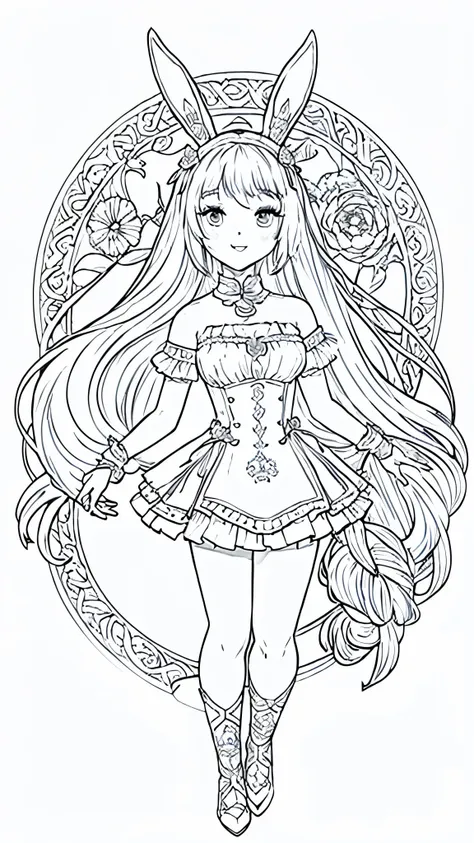 (Bunny girl:1.5), 8k, black and white drawing of circular design, intricate thin lines, centering radial design, coloring pages, simplified zentangle, coloring book outline, black and white only, no outline, intricate designs, coloring book, celtic design,...