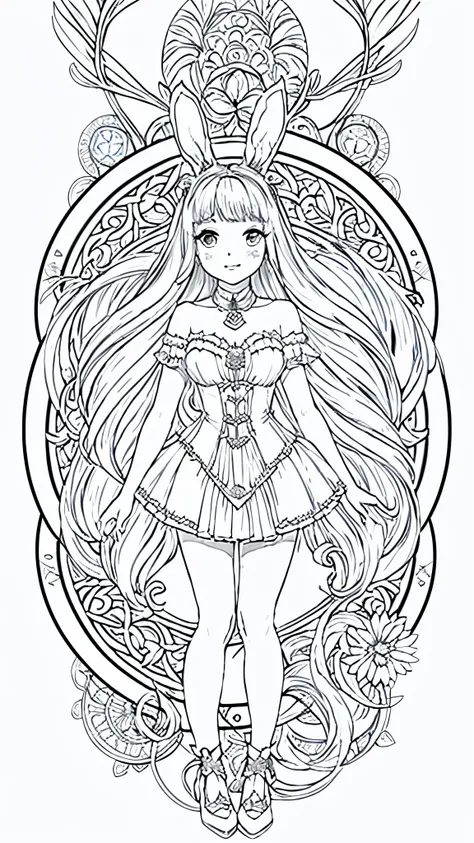 (bunny girl:1.5), 8k, black and white drawing of circular design, intricate thin lines, centering radial design, coloring pages,...