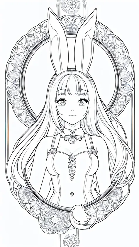 (bunny girl:1.5), 8k, black and white drawing of circular design, intricate thin lines, centering radial design, coloring pages,...