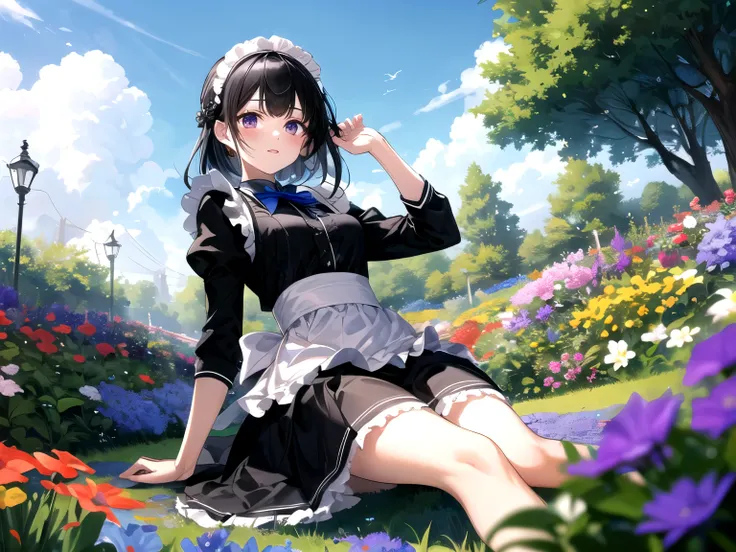 a pretty maid girl, black hair, black maid uniform, a beautiful purple flower, flower garden, blue sky, masterpiece, (high quality)