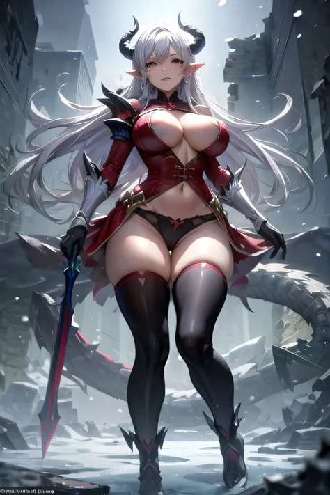 a mature woman,work of art,high resolution,long white hair,Eyes red,horns and tail of Dragon,sensuous,big boobies,posing with a combat spear,in the ice ruins,good anatomy,snowing,アニメ,underwear,magic seals