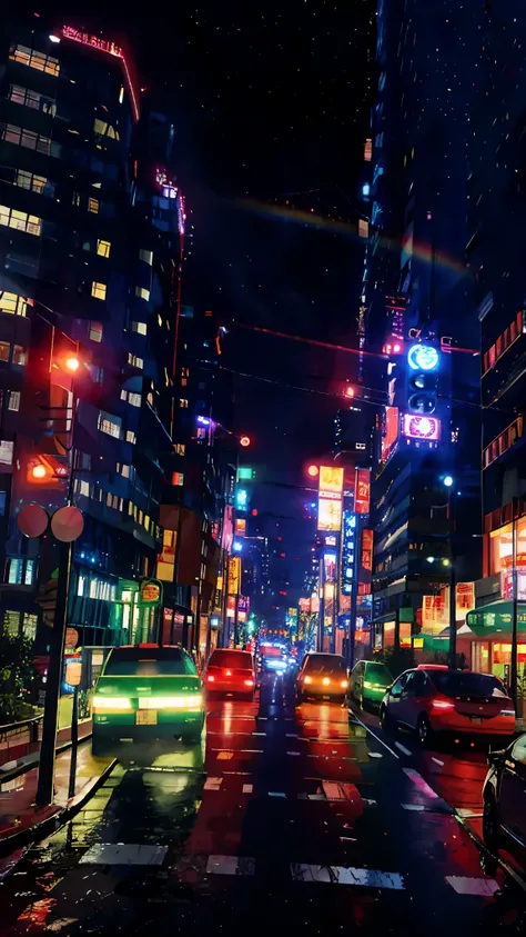 Anime Style，Night view，city，rainbow，traffic jam，building，traffic jam light，lots of，